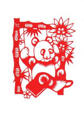Chinesischer Scherenschnitt: Panda auf der Schaukel 20x15cm