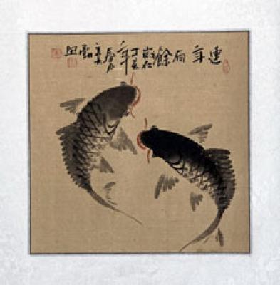 Xieyi-Malerei: Koi Fische -Shuangyu- 45x45cm