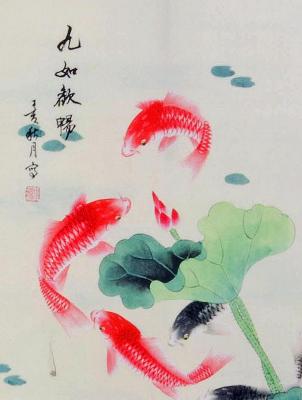 Rollbilder mit Koi Fischen welche in der chinesischen Symbolik als Grlücksbringer gelten