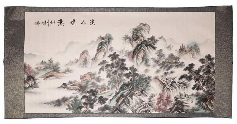 Chinesische Landschaftsmalerei: Dorf in den Bergen 97x193cm