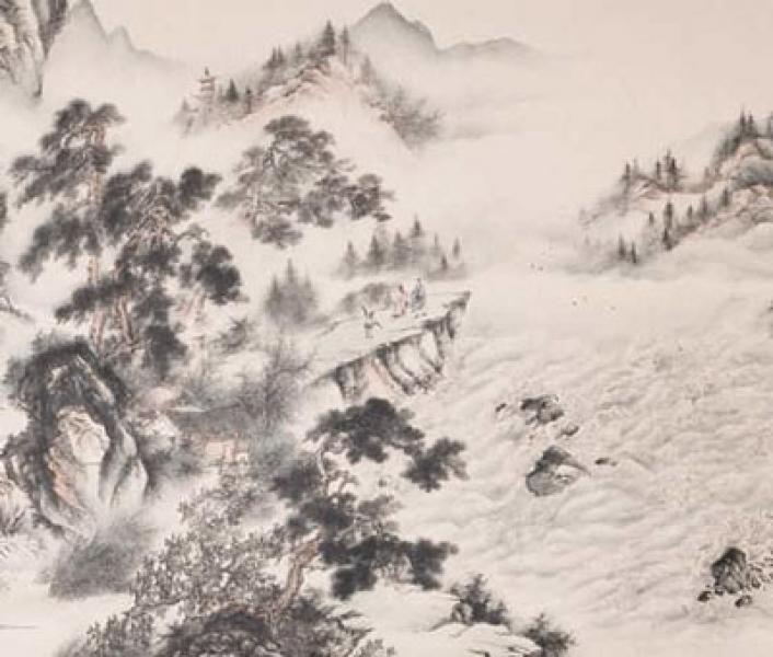 Chinesische Landschaftsmalerei: Brise am Bergsee 97x193cm