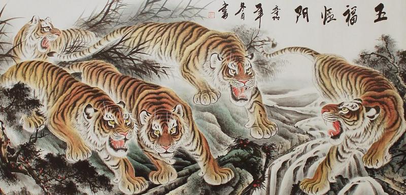 Chinesische Malerei Wandbild: Fünf Tiger 70x162cm