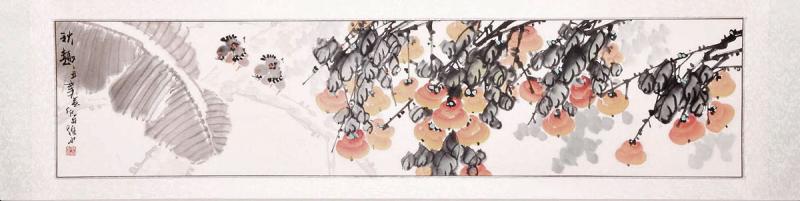Chinesische Xieyi-Malerei: Früchte mit Spatzen 156x42cm