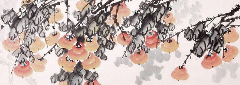 Chinesische Xieyi-Malerei: Früchte mit Spatzen 156x42cm