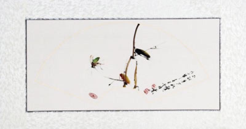 Chinesische Xieyi-Malerei: Grille im Bambushain 82x43cm