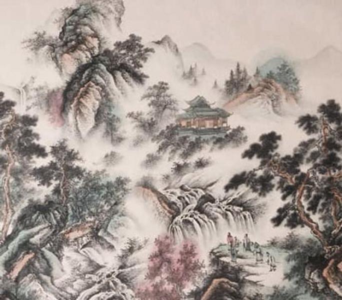 Chinesische Landschaftsmalerei: Dorf in den Bergen 97x193cm