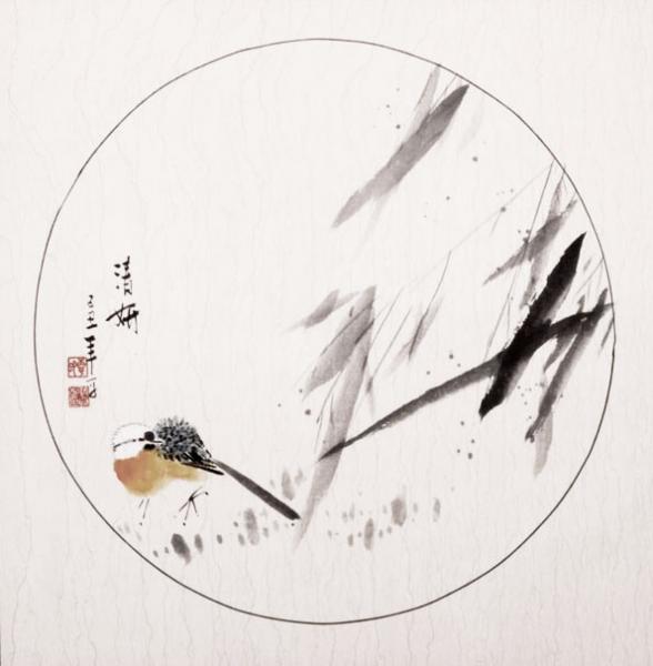 Xieyi-Malerei: Meise im Bambushain 73x71cm