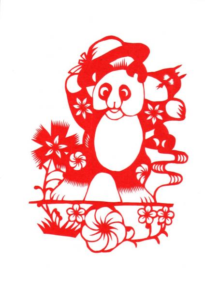 Chinesischer Scherenschnitt: Panda mit Hut 22x16cm