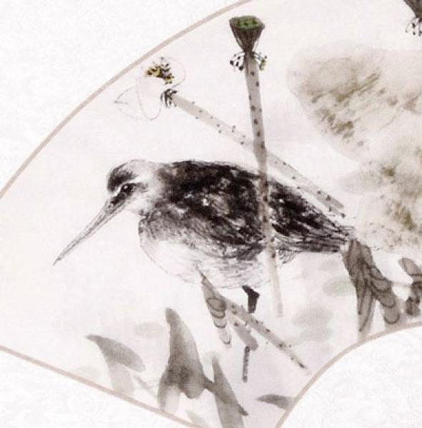 Chinesische Malerei Wandbild: Schnepfe am Teich 37cm *72cm